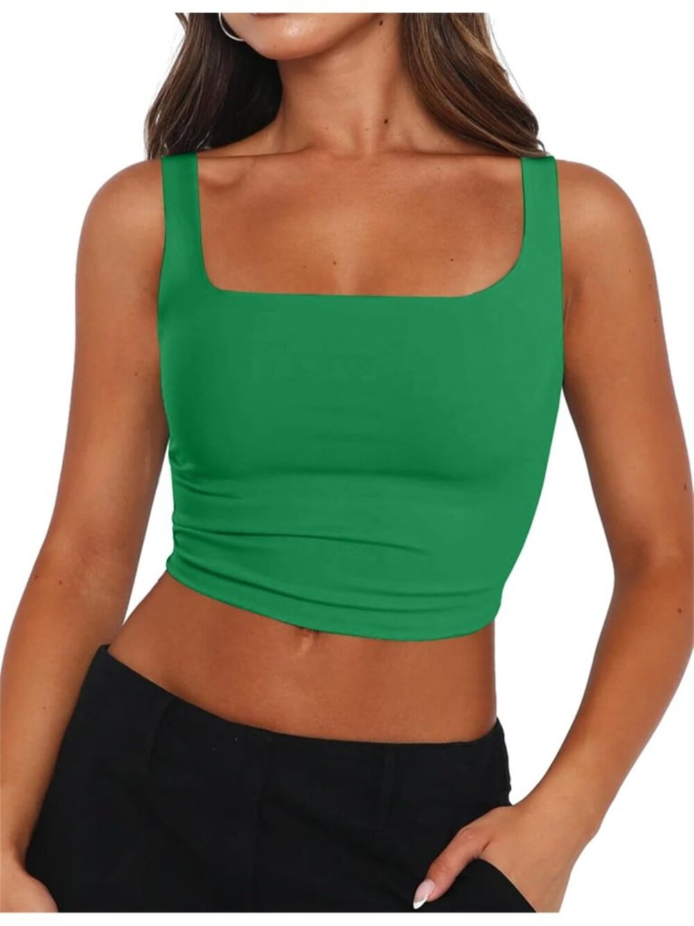 Women's Green Square Neck Sleeveless Double Layer Casual Slim Fit Crop Tops